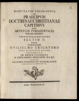 Disputatio Theologica De Praecipuis Doctrinae Christianae Capitibus : Quae Articulos Fundamentales Vocare Solent. Sectio II.