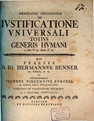 Meditatio theol. de iustificatione universali totius generis humani, 2. Cor. V, 19, Rom. V, 19