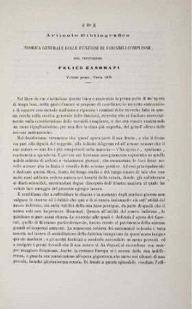 Articolo Bibliografico.-Teorica generale delle funzioni di variabili complesse del prof. F. Casorati.