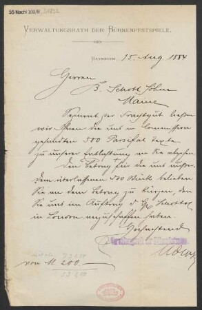 Brief an B. Schott's Söhne : 15.08.1884