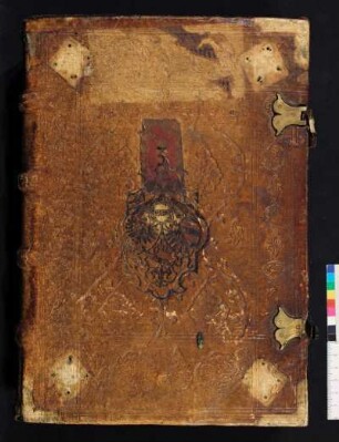Signaturschild Dominikanerkloster Nürnberg, Signatu D 3; Suparlibros der Stadtbibliothek mit dem Wappen des Kirchenpflegers Hieronymus Paumgärtner d.J. und den Buchstaben „BA“
