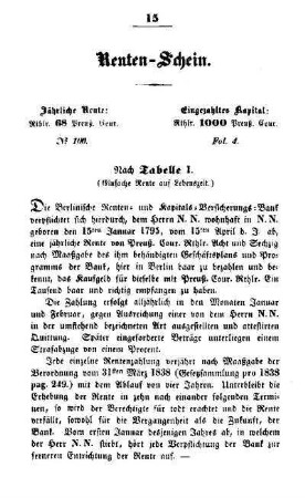Renten-Schein. Nach Tabelle I. (Einfache Rente auf Lebenszeit)