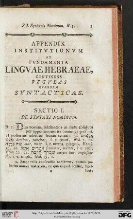 Appendix Institutionum ad Fundamenta Lunguae Hebraeae, continens Regulas quasdam Syntacticas