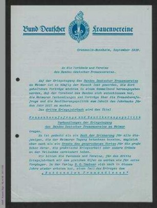 Rundschreiben des Bundes Deutscher Frauenvereine an seine Mitgliedsvereine