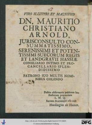 Viro Illustri Et Magnifico Dn. Mauritio Christiano Arnold ...