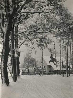 Verschneite Dorfstraße in einem Erzgebirgsdorf (Seiffen-Heidelberg oder in Ullersdorf bei Dresden)