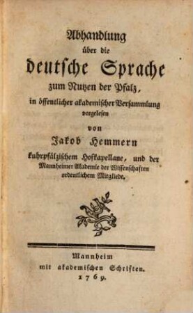 Abhandlung über die deutsche Sprache zum Nutzen der Pfalz