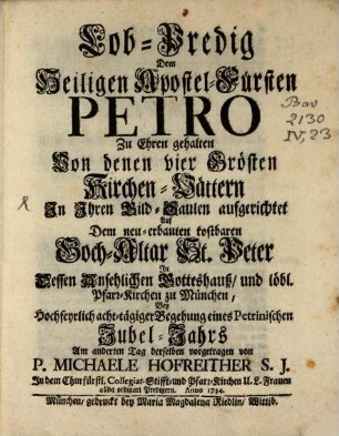 Lob-Predig dem Heiligen Apostel Fürsten Petro zu Ehren gehalten