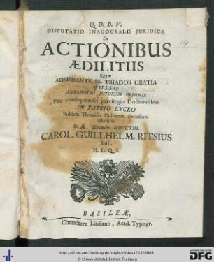 Disputatio Inauguralis Juridica De Actionibus Aedilitiis