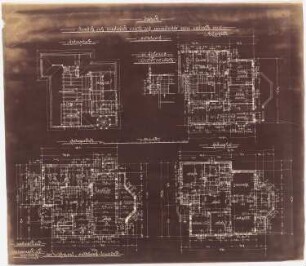 Wohnhaus J. Schaub, Emsdetten: Grundrisse Obergeschoss, Dachgeschoss, Erdgeschoss und Keller 1:100 (spiegelverkehrt)