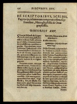 De Scriptoribus, Scribis, Papyrarijs, calamorum temperatoribus, Cyfrantibus, Hieroglyphistis & Ortographistis. Discursus XXV.