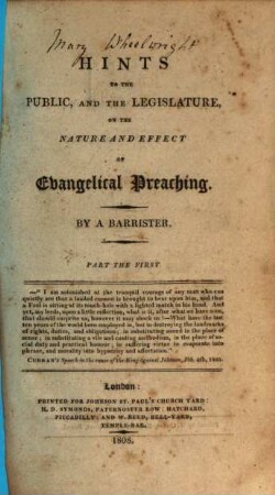 Hints to the public and the legislature, on the nature and effect of evangelical preaching, 1