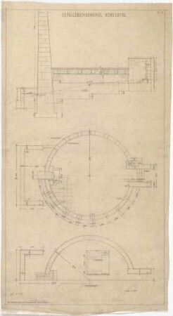 Billing, Hermann; Bühlertal (Baden-Württemberg); Kriegerdenkmal - Seitenansicht mit Schnitt; Grundriss; Fundament