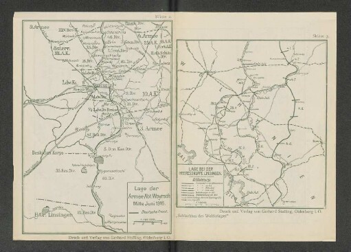 Karte: Lage der Armee-Abt. Woyrsch Mitte Juni 1916. und Karte: Lage bei der Heeresgruppe Linsingen.