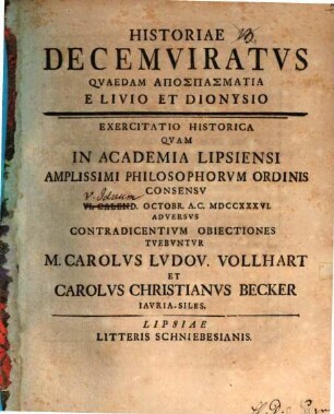 Historiae Decemviratvs Qvaedam Apospasmatia E Livio Et Dionysio : exercitatio historica