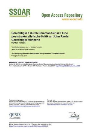 Gerechtigkeit durch Common Sense? Eine poststrukturalistische Kritik an John Rawls' Gerechtigkeitstheorie