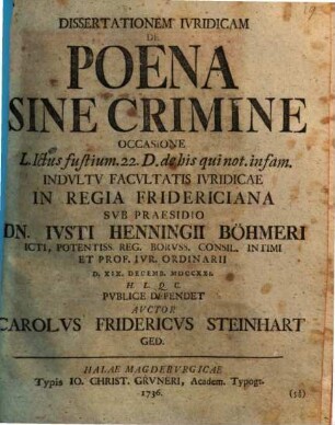 Dissertationem iuridicam de poena sine crimine : occasione L. Jctus fustium 22. D. de his qui not. infam.