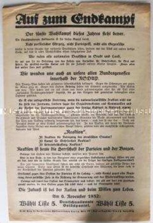 Flugblatt der Deutschnationalen Volkspartei zur Reichstagswahl am 6. November 1932