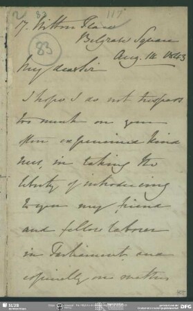 Eigenh. Brief von Thomas Wyse an August Wilhelm von Schlegel, London, 14.08.1843