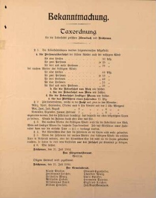 Taxordnung für die Überfahrt zwischen Allensbach und Reichenau (Bürgermeisteramt Reichenau)