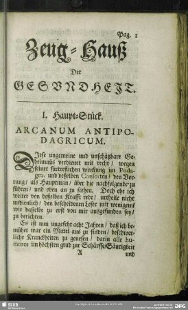I. Haupt-Stück. Arcanum Antipodagricum