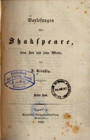 Vorlesungen über Shakspeare, seine Zeit und seine Werke, 3