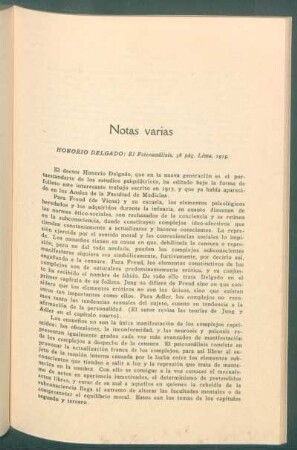 Honorio Delgado: "El Psicoanálisis", 58 pág., Lima, 1919