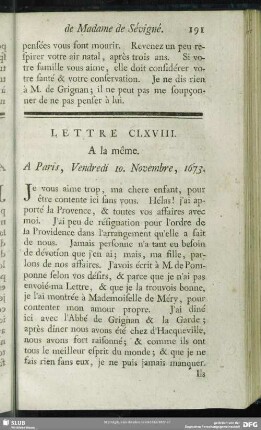 Lettre CLXVIII. A la même. A Paris, Vendredi 10. Novembre, 1673