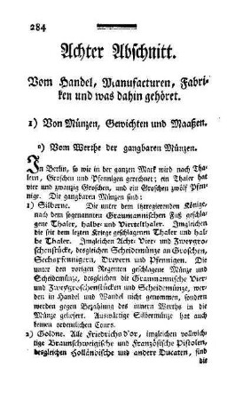 Achter Abschnitt. Vom Handel, Manufacturen, Fabriken und was dahin gehöret