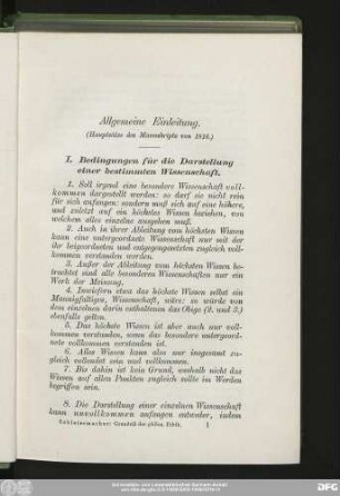 Allgemeine Einleitung. (Hauptsätze des Manuskripts von 1816.)