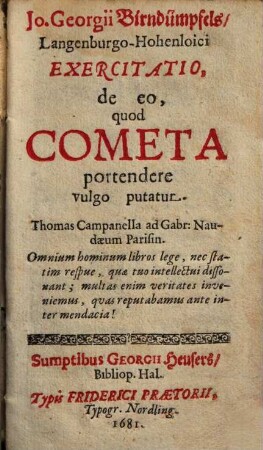 Exercitatio, de eo, quod Cometa portendere vulgo putatur