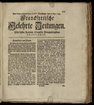 Num. LXXI. Dienstags, den 3. Sept. 1743 - Num. LXXX. Freytags, den 4. Octob. 1743