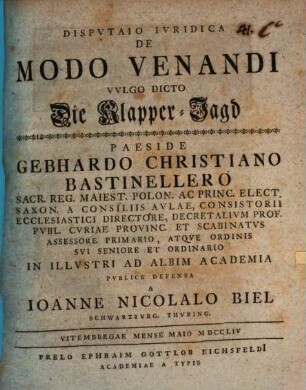 Dispvtaio Ivridica De Modo Venandi Vvlgo Dicto Die Klapper-Jagd