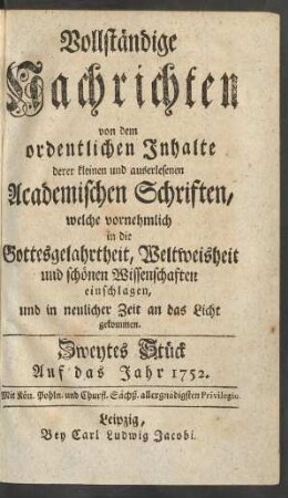 Zweytes Stück. Auf das Jahr 1752