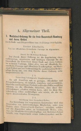 1. Medizinal-Ordnung für die freide Hansestadt Hamburg und deren Gebiet vom 19. Februar 1818.