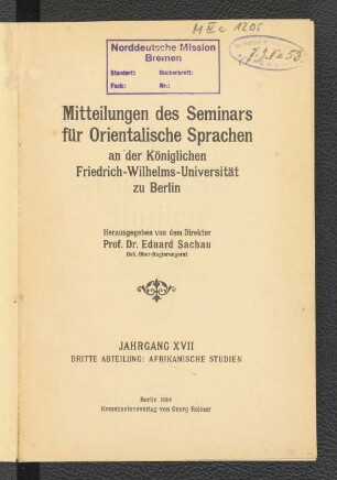 17.1914: Mitteilungen des Seminars für Orientalische Sprachen an der Friedrich Wilhelms-Universität zu Berlin