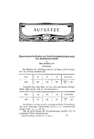 Experimentelle Studien zur Individualpsychologie nach der Additionsmethode : (Fortsetzung)