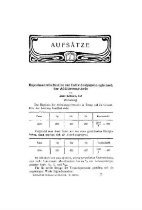 Experimentelle Studien zur Individualpsychologie nach der Additionsmethode : (Fortsetzung)
