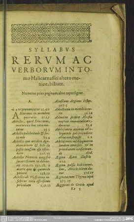 Syllabus Rerum Ac Verborum In Tomo Halicarnassei altero memorabilium