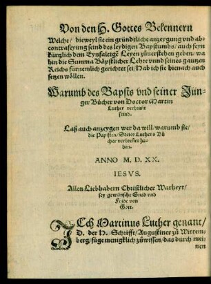 Warumb des Bapsts und seiner Jünger Bücher von Doctor Martin Luther verbrannt seind.