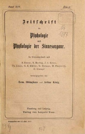 Zeitschrift für Psychologie und Physiologie der Sinnesorgane, 14. 1897