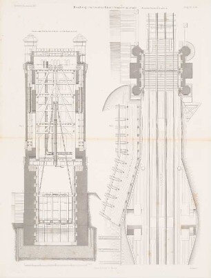 Homberg-Ruhrorter Rhein-Trajektanstalt, Duisburg: Vertikalschnitt AB, Horizontalschnitt CD Hebeturm (aus: Atlas zur Zeitschrift für Bauwesen, hrsg. v. G. Erbkam, Jg. 7, 1857)