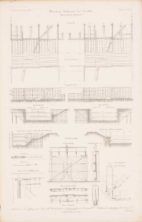 Weichselschleuse, Neufähr: Grundriss, Längsschnitt, Querschnitte, Details Schleusentor (aus: Atlas zur Zeitschrift für Bauwesen, hrsg. v. G. Erbkam, Jg. 12, 1862)
