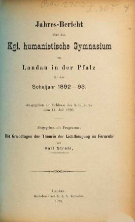 Jahres-Bericht des Humanistischen Gymnasiums zu Landau in der Pfalz : für das Schuljahr ... 1892/93