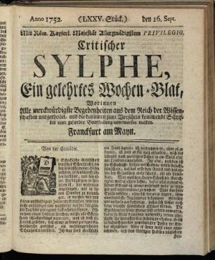 (LXXV. Stück.) den 16. Sept. Anno 1752.