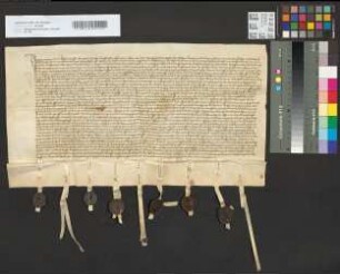 Ehevertrag zwischen Bertram von Nesselrode, Sohn des Johann von Nesselrode zum Palsterkamp und der Jutta von Plettenberg, Tochter des Reinbold von Plettenberg. up sent Thomas dach. Siegel: des Bertram, Johann von Nesselrode, Abt zu Siegburg (ab), Johann von Nesselrode zum Palsterkamp, Heinrich von Nesselrode, Gerhart von Plettenberg, Propst zu Hirzenau (ab), Rabot von Plettenberg, Heinrich von Roide, Johann von Staill von Houlteyn, Walter von Plettenberg (ab).