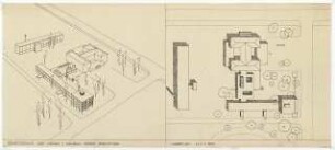 Hochschulbibliothek, Karlsruhe Neubau: Vorprojekt: Erweiterung der Mensa und Neubau Hochschulbibliothek. Lageplan, Perspektivische Ansicht (Vogelschau), 1:500
