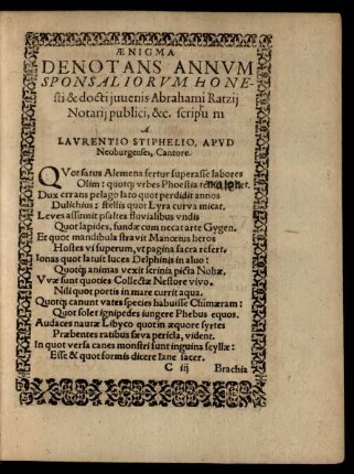 Aenigma Denotans Annum Sponsaliorum Honesti & docti iuvenis Abrahami Ratzii ...