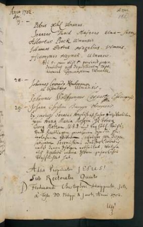 Sommerhalbjahr 1702. Rektorat Ferdinand Christoph Harpprecht