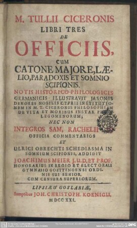 M. Tullii Ciceronis Libri Tres De Officiis